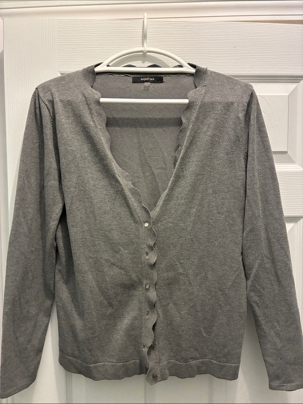 august silk Gray Scallop-Edge Button Front Cardigan